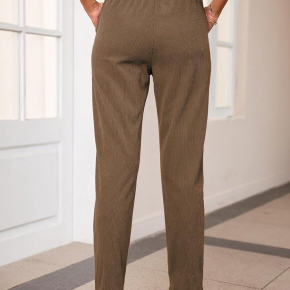 Corduroy Pants for Women Casual Drawstring Elastic High Waist Straight Leg Pants - Picture 4 of 6